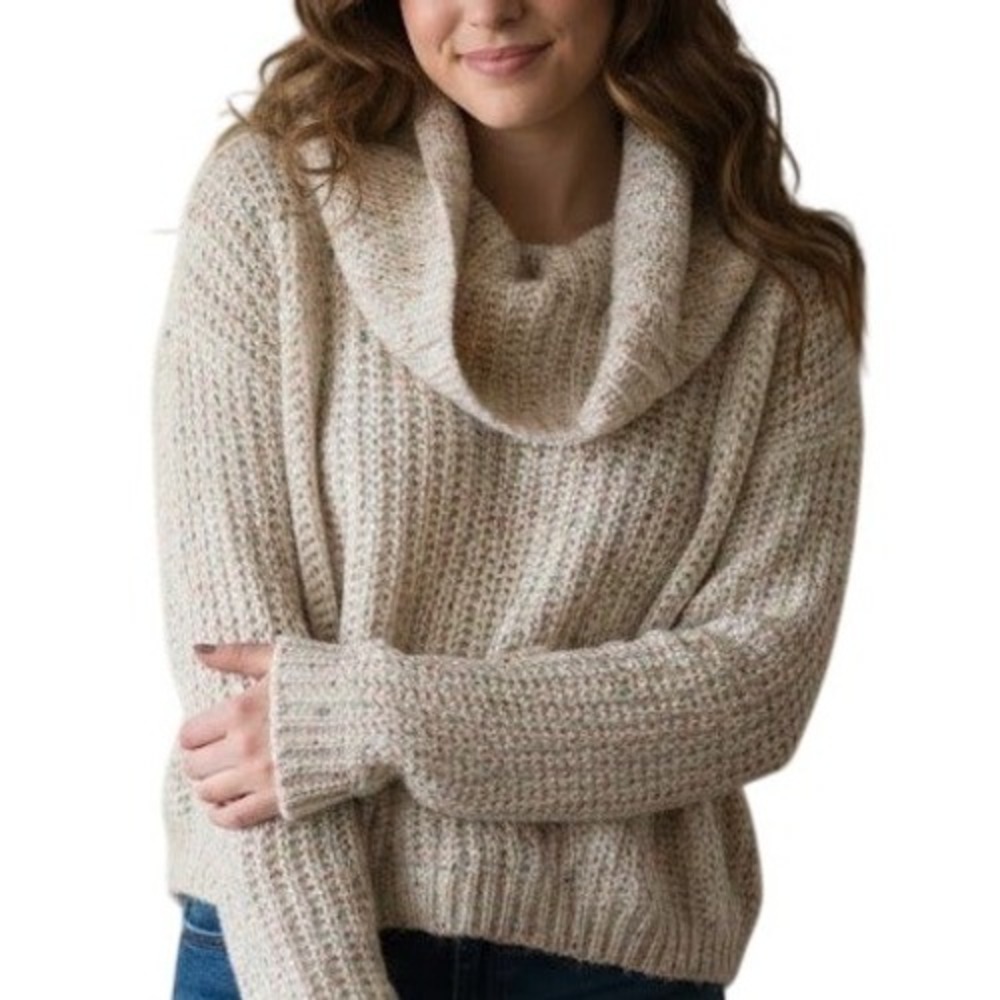 Moon & Madison Womens M Cream Confetti Cowl Neck Ribbed Knit Cropped Sweater